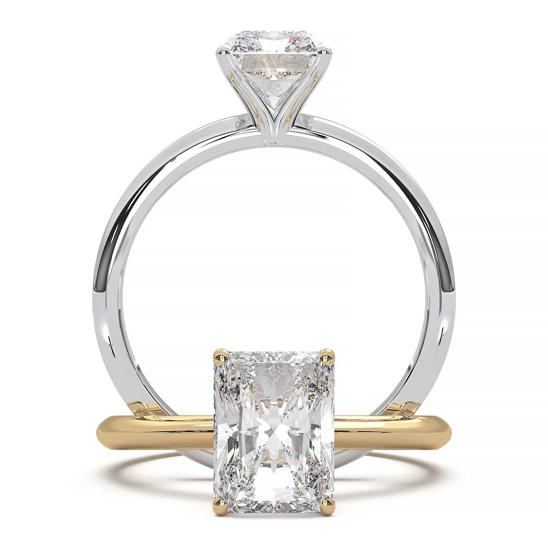 Radiant cut lab diamond solitaire ring with a low-profile setting and custom prongs.