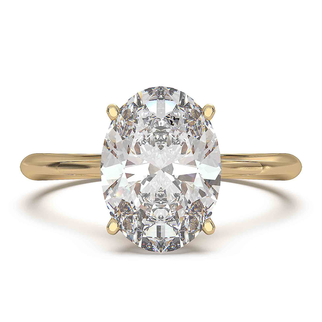 Oval diamond hidden halo engagement ring with cathedral setting and elegant prongs.