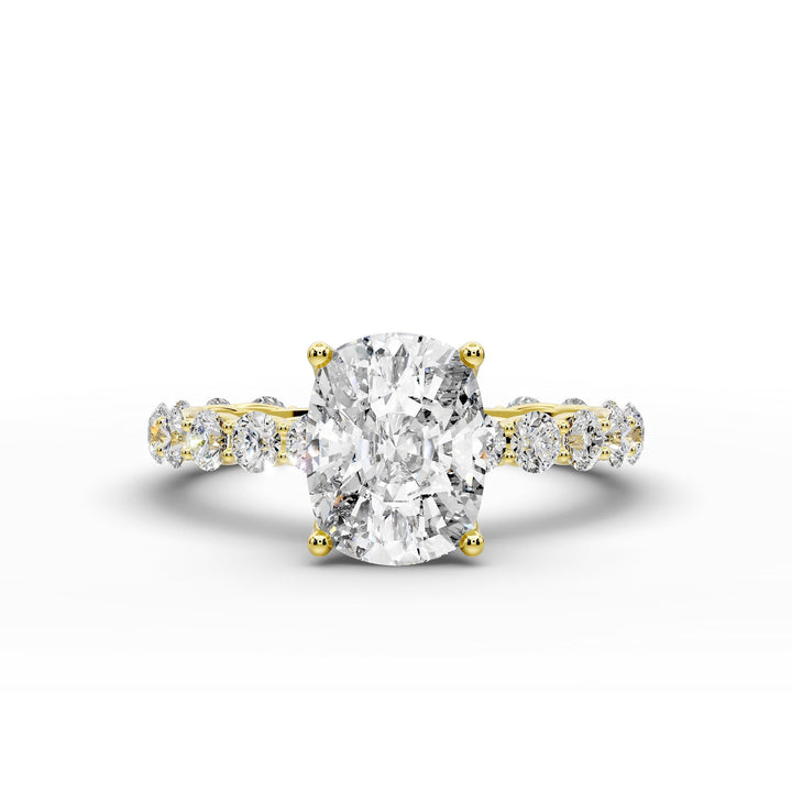 Elongated cushion diamond engagement ring with shared prong band shown in a studio display.