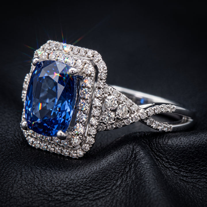 Elegant 3.83ct Cushion Cut Blue Sapphire & Diamond Ring in 14K White Gold