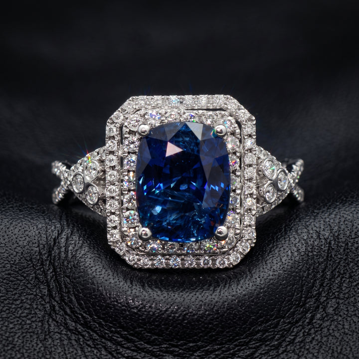 Elegant 3.83ct Cushion Cut Blue Sapphire & Diamond Ring in 14K White Gold