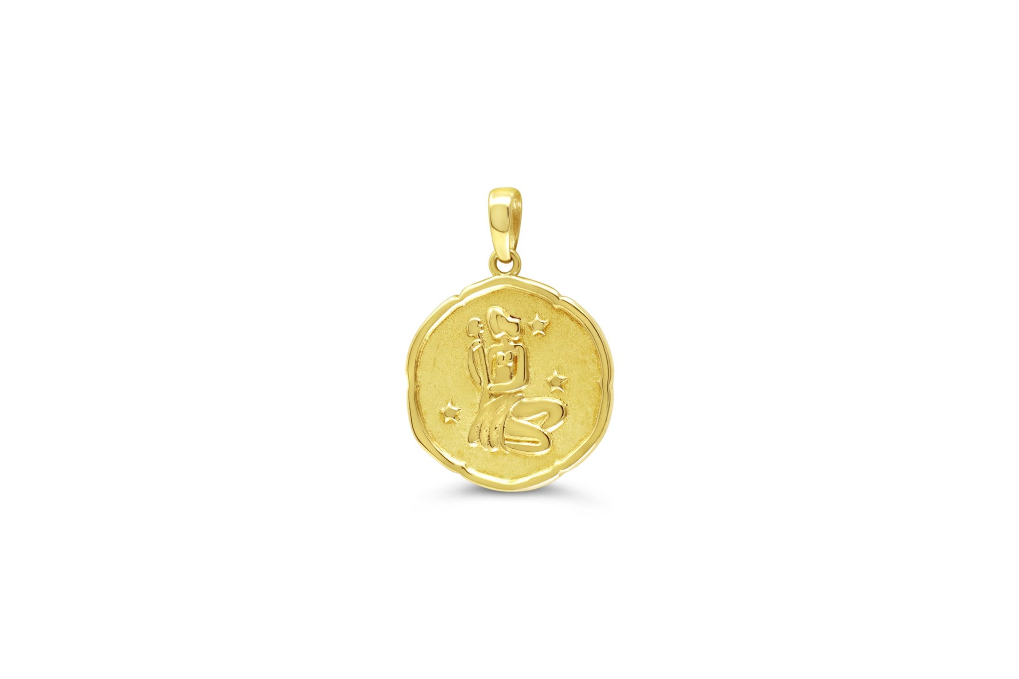 10K yellow gold Virgo zodiac pendant with engraved maiden design and star details in a polished round medallion.