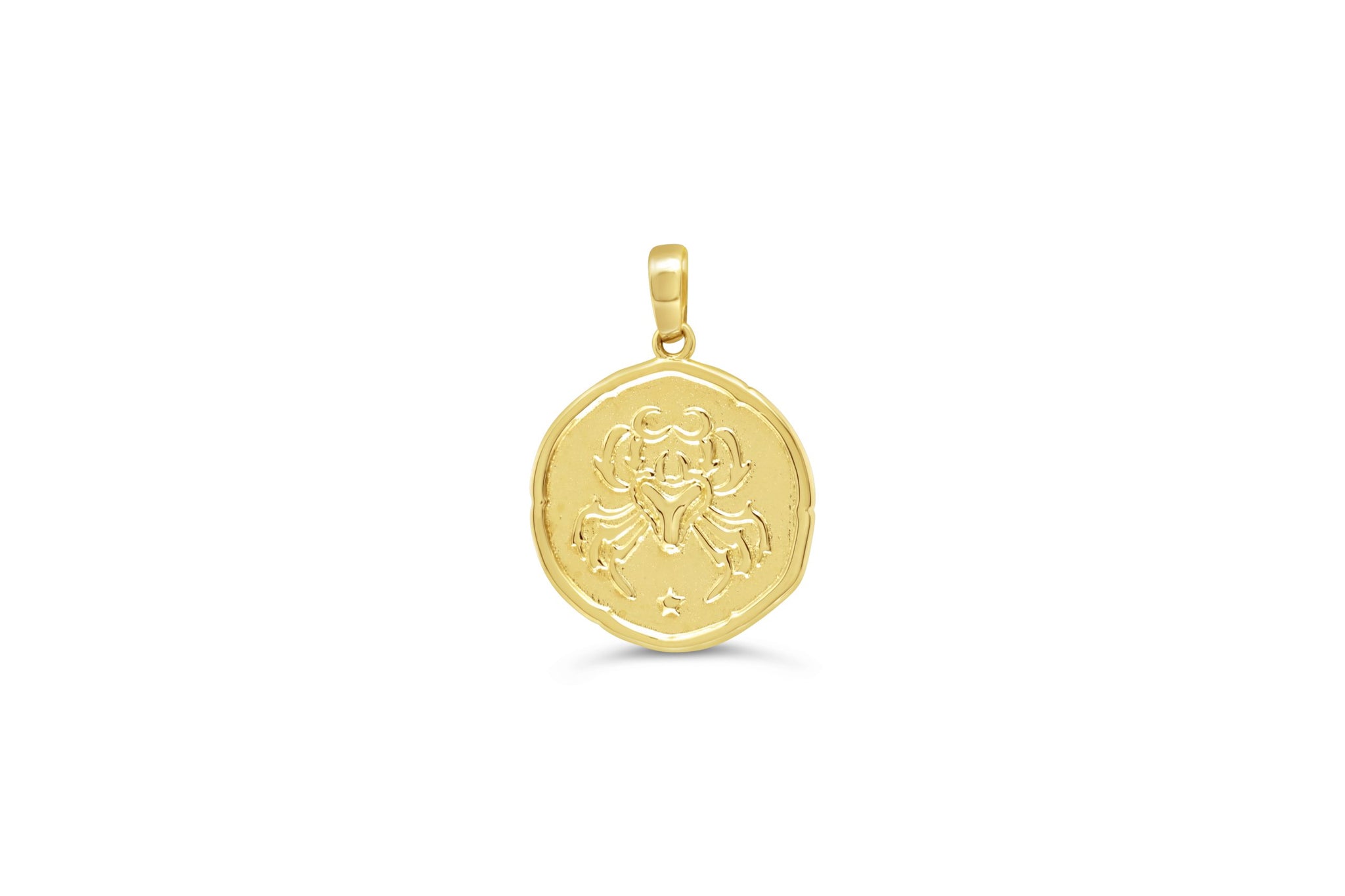 10K yellow gold Cancer zodiac pendant with engraved crab design and star accents in a polished round medallion.