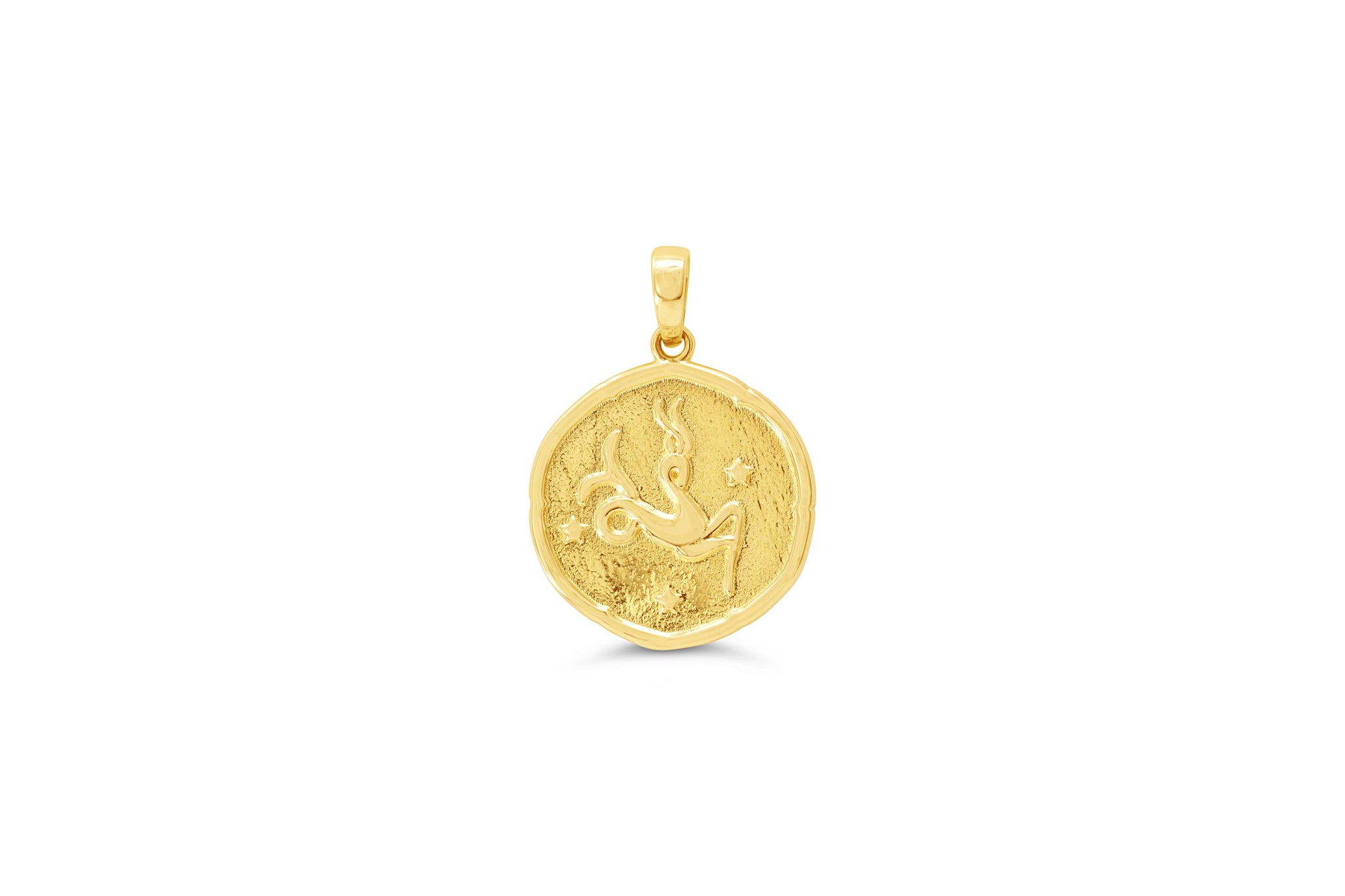 10K yellow gold Capricorn zodiac pendant with engraved Capricorn symbol and star accents in a polished round design.