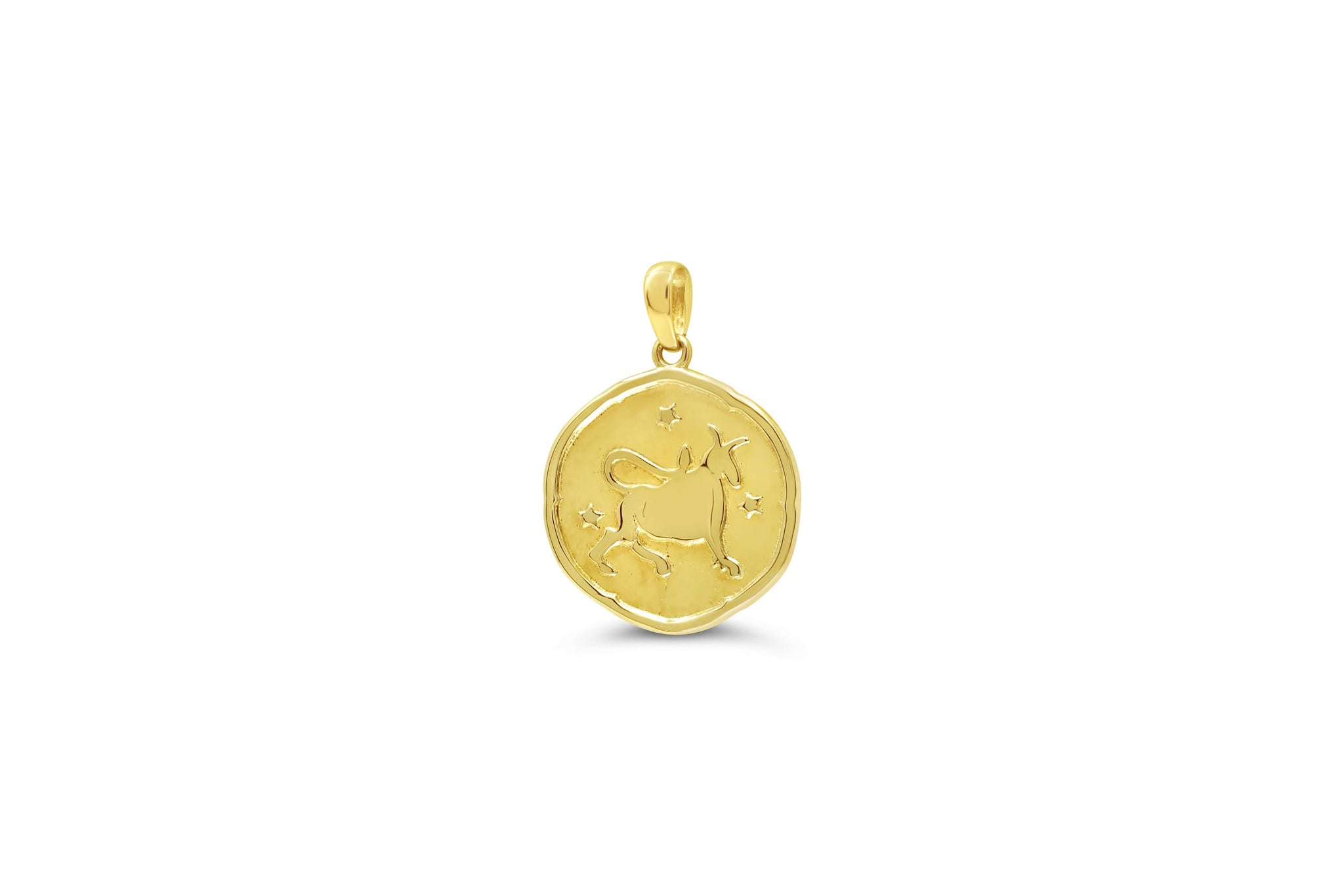 10K yellow gold Taurus zodiac pendant with bull engraving and star accents in a polished round medallion design.