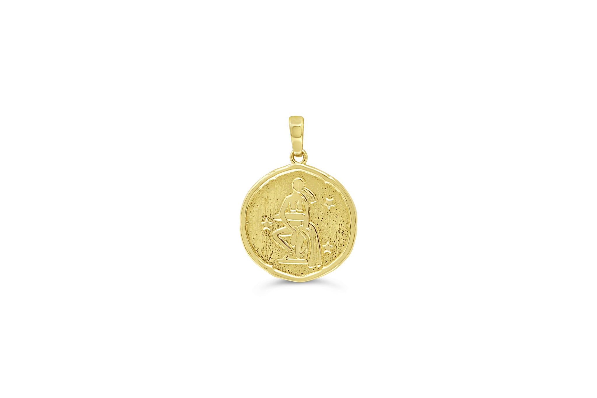 10K yellow gold Aquarius zodiac pendant with water-bearer engraving and star accents in a polished round medallion design.