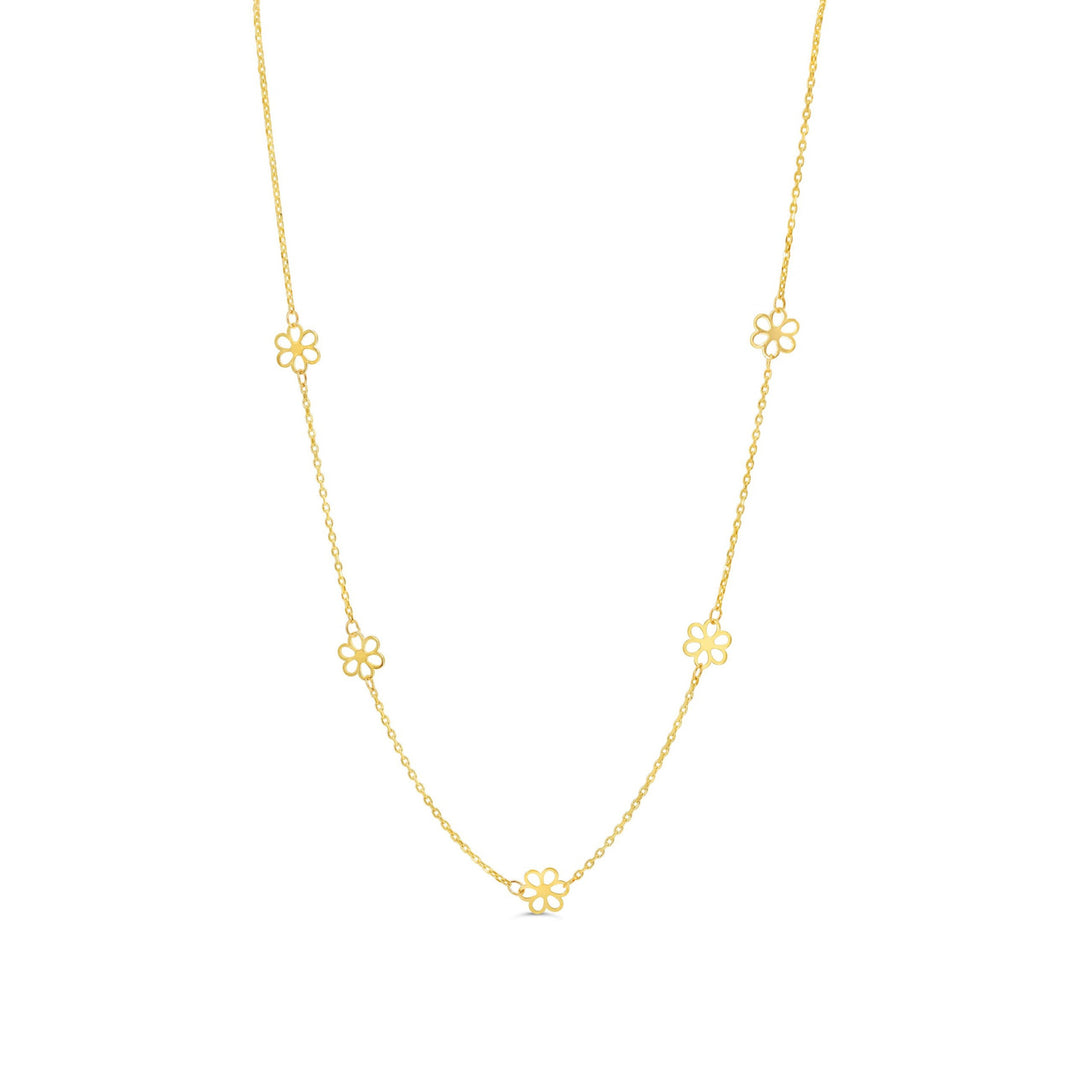 10K yellow gold station necklace with openwork flower designs evenly spaced on a fine chain.