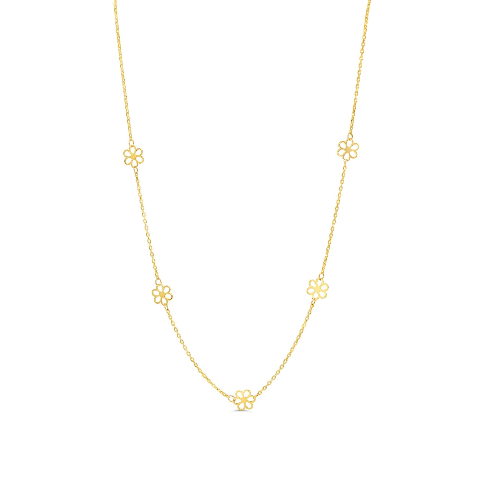 10K yellow gold station necklace with openwork flower designs evenly spaced on a fine chain.