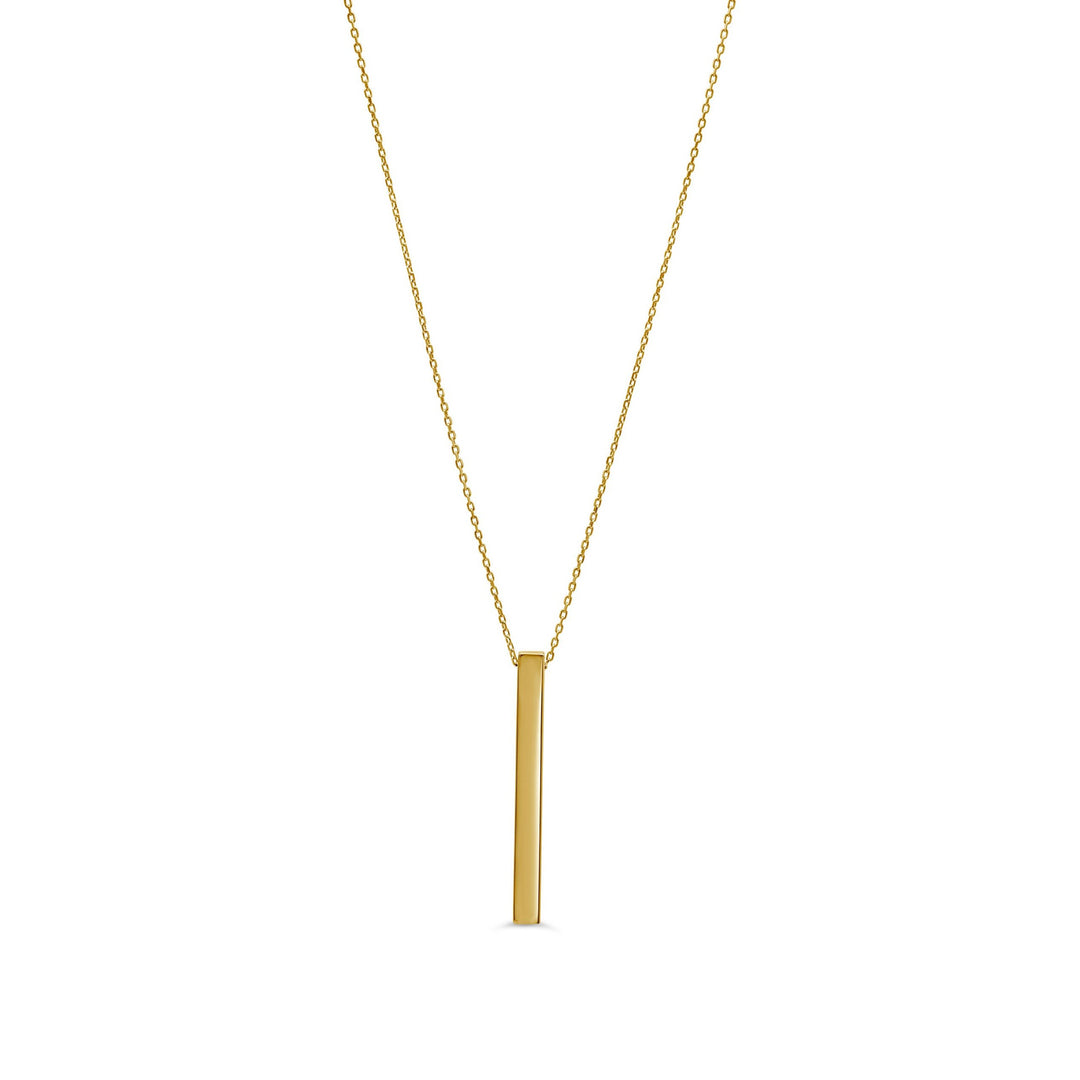 10K yellow gold 3D bar pendant necklace with a polished vertical bar on a delicate chain.