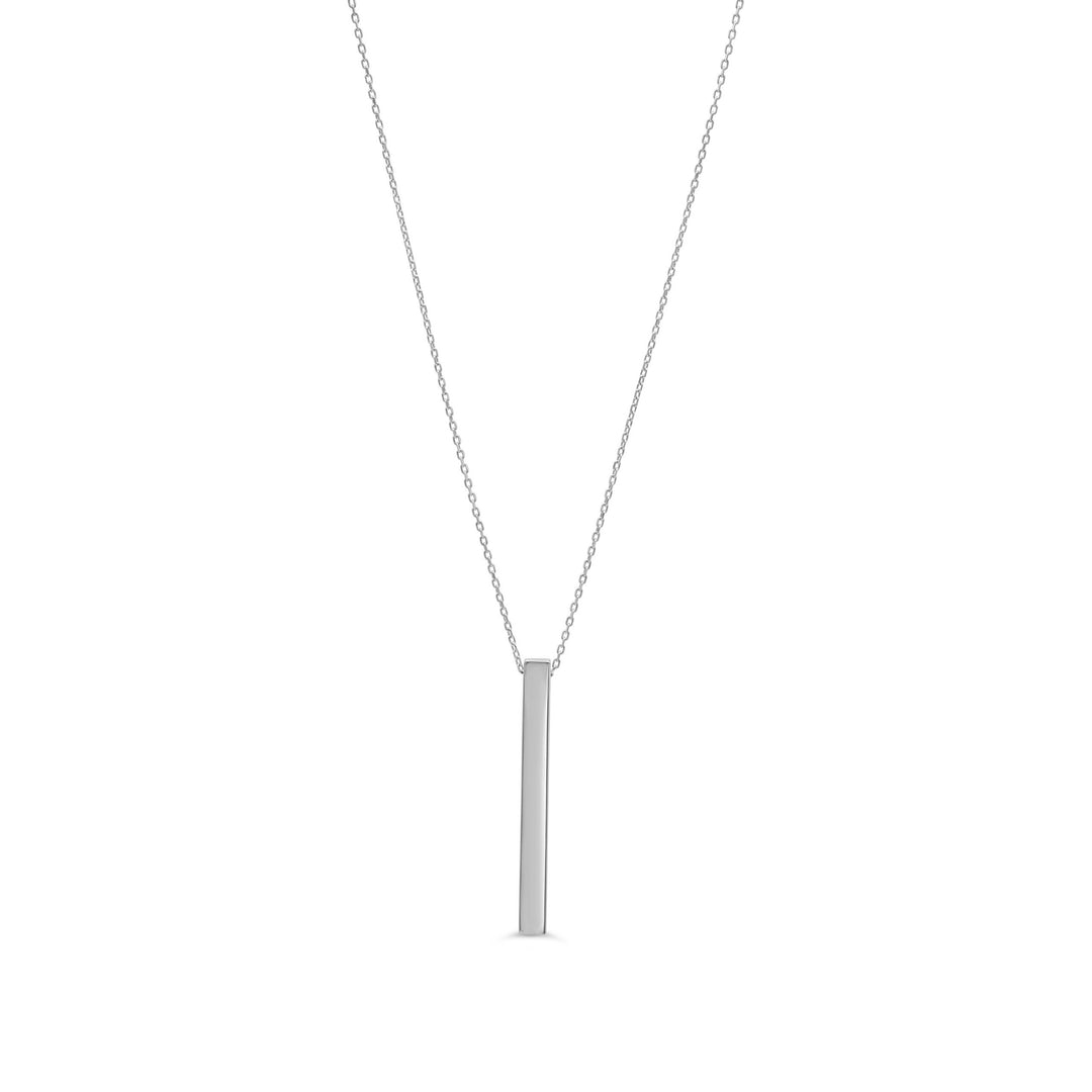 10K white gold 3D bar pendant necklace with a polished vertical bar on a delicate chain.