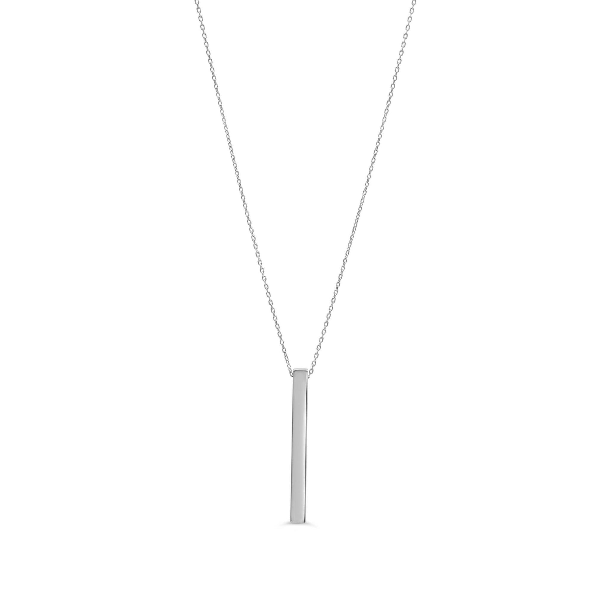 10K white gold 3D bar pendant necklace with a polished vertical bar on a delicate chain.