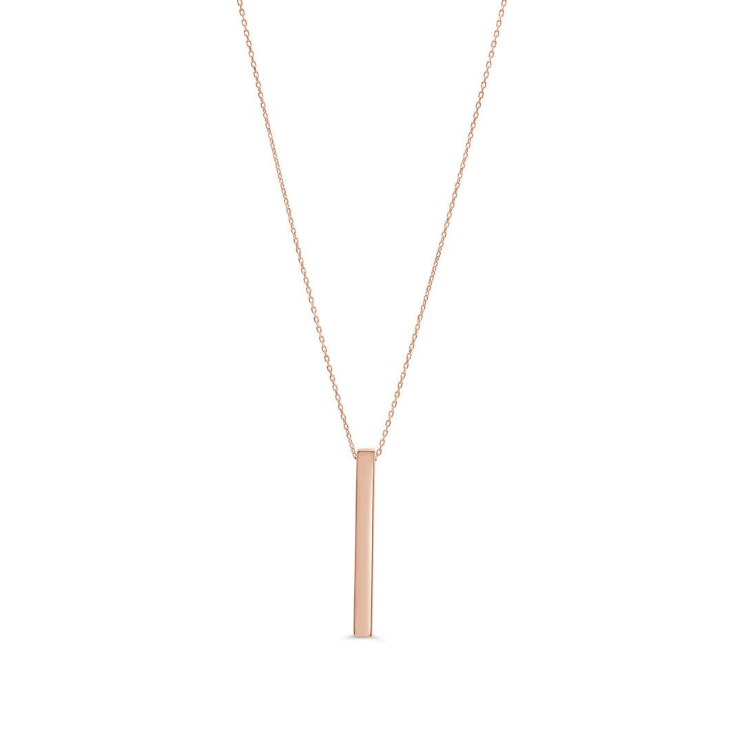 10K rose gold 3D bar pendant necklace with a polished vertical bar on a delicate chain.