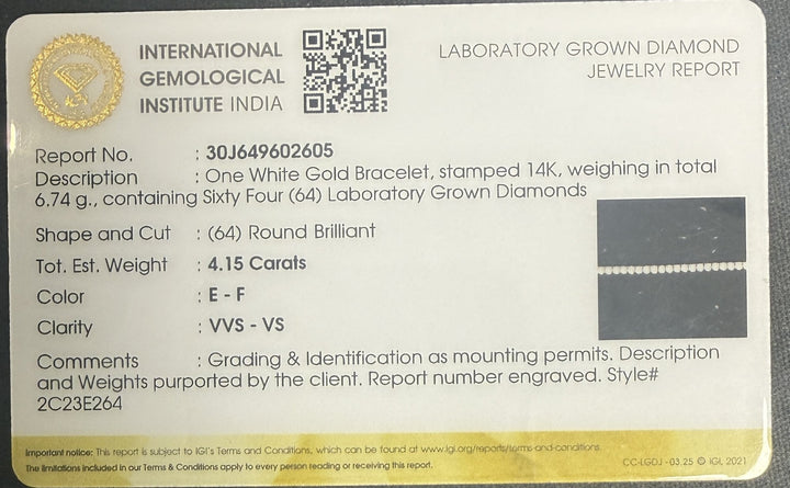 IGI laboratory-grown diamond jewelry report for the 4.15 carat tennis bracelet