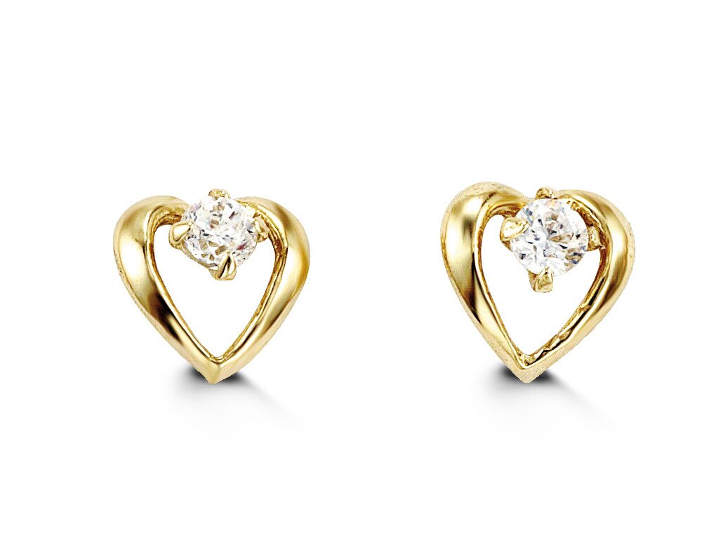 14K yellow gold baby and kids heart earrings with cubic zirconia stones, elegant and sweet design.