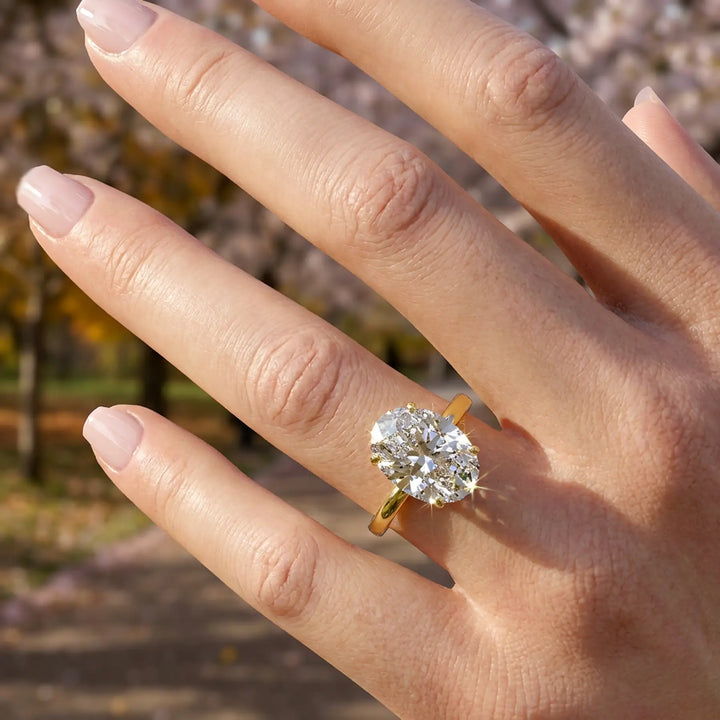 4 Ct Oval Moissanite Engagement Ring with Hidden Halo in 14K Yellow Gold