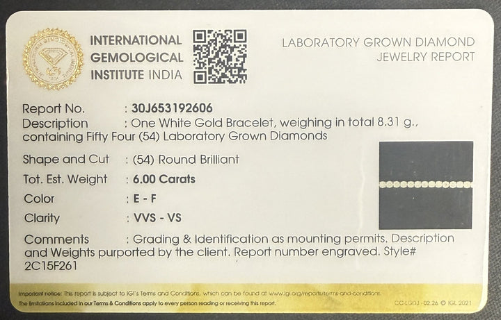 IGI laboratory-grown diamond jewelry report for the 6.00 carat tennis bracelet