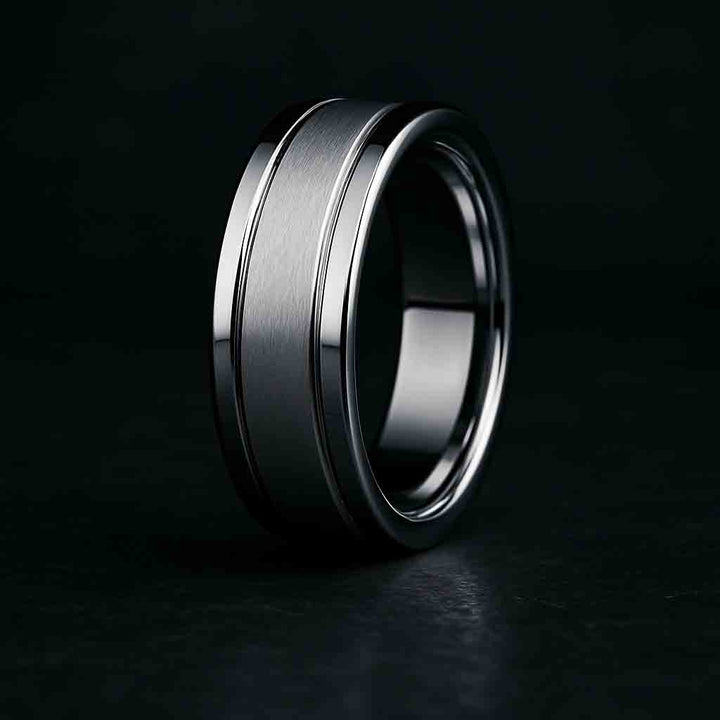 6.5mm flat profile ring with brushed center and polished edges in gold or platinum