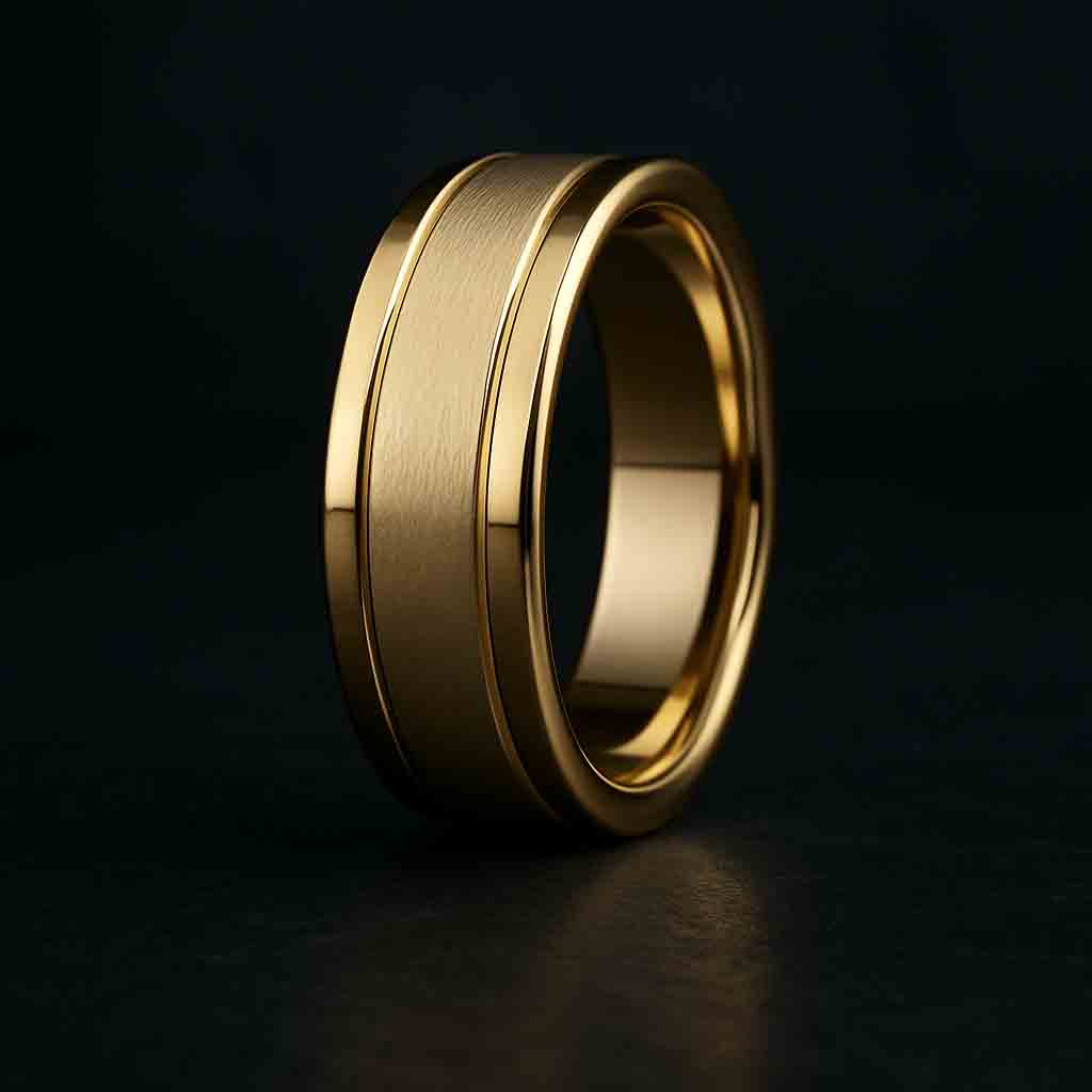 6.5mm flat profile ring with brushed center and polished edges in gold or platinum