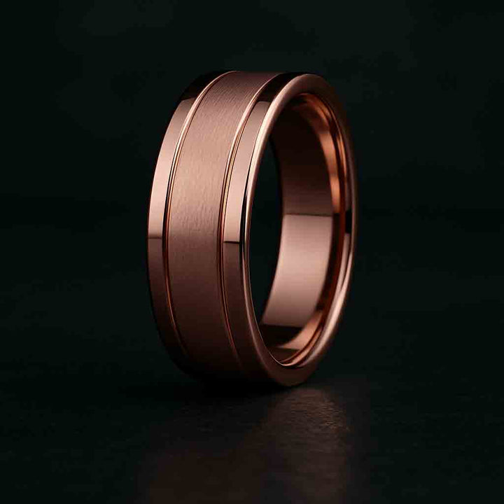 6.5mm flat profile ring with brushed center and polished edges in gold or platinum