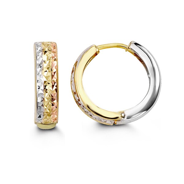 10K tri-color gold huggie hoop earrings with a diamond cut finish.