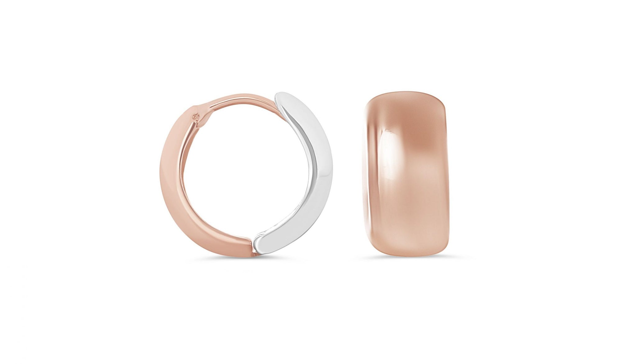 Reversible 10KT Rose and White Gold high-polish huggie earrings with a secure hinge closure.