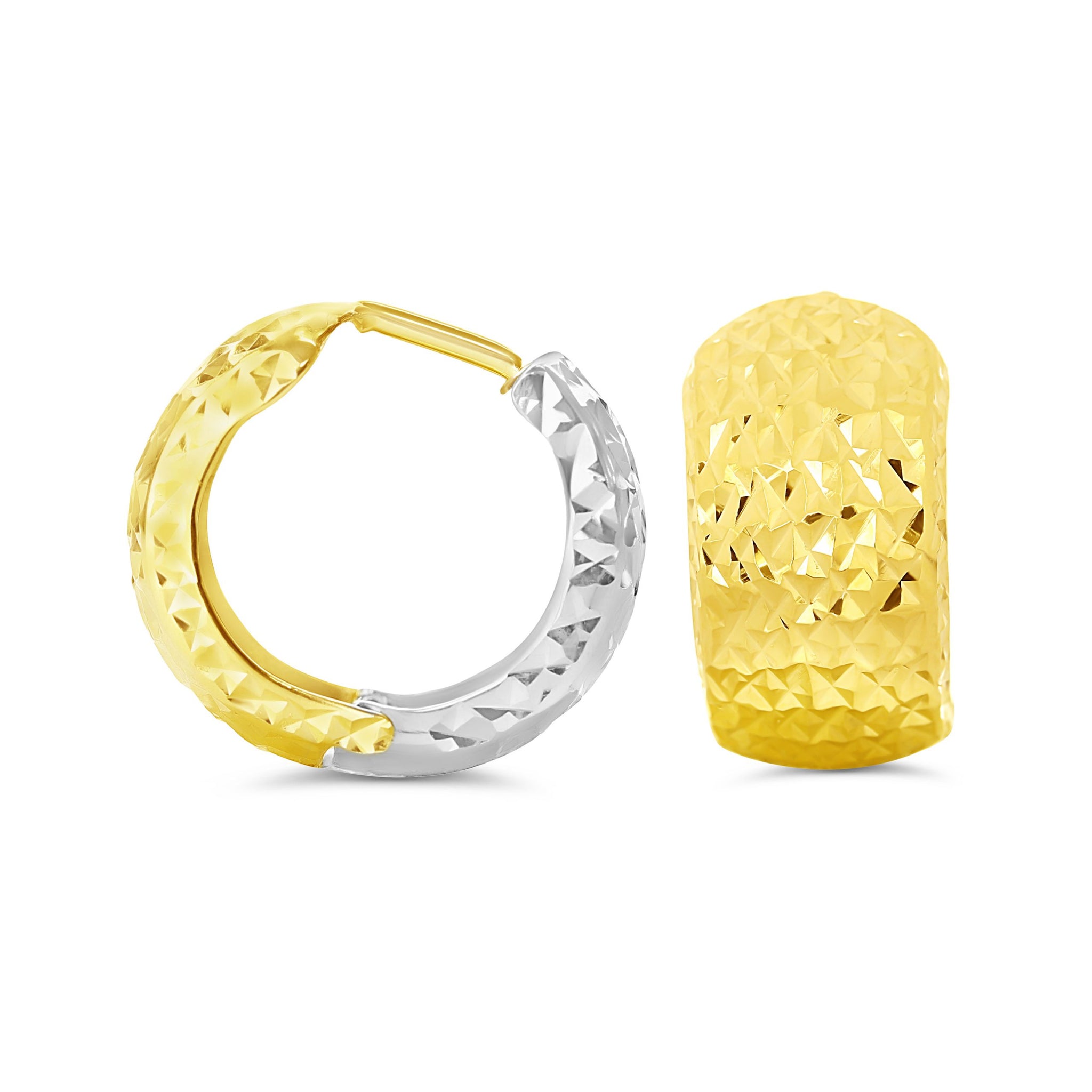 Reversible 10KT Yellow and White Gold diamond-cut textured huggie earrings with secure hinge closure.