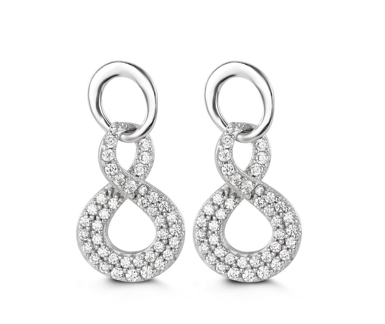 10k white gold infinity drop earrings with cubic zirconia stones and polished finish.