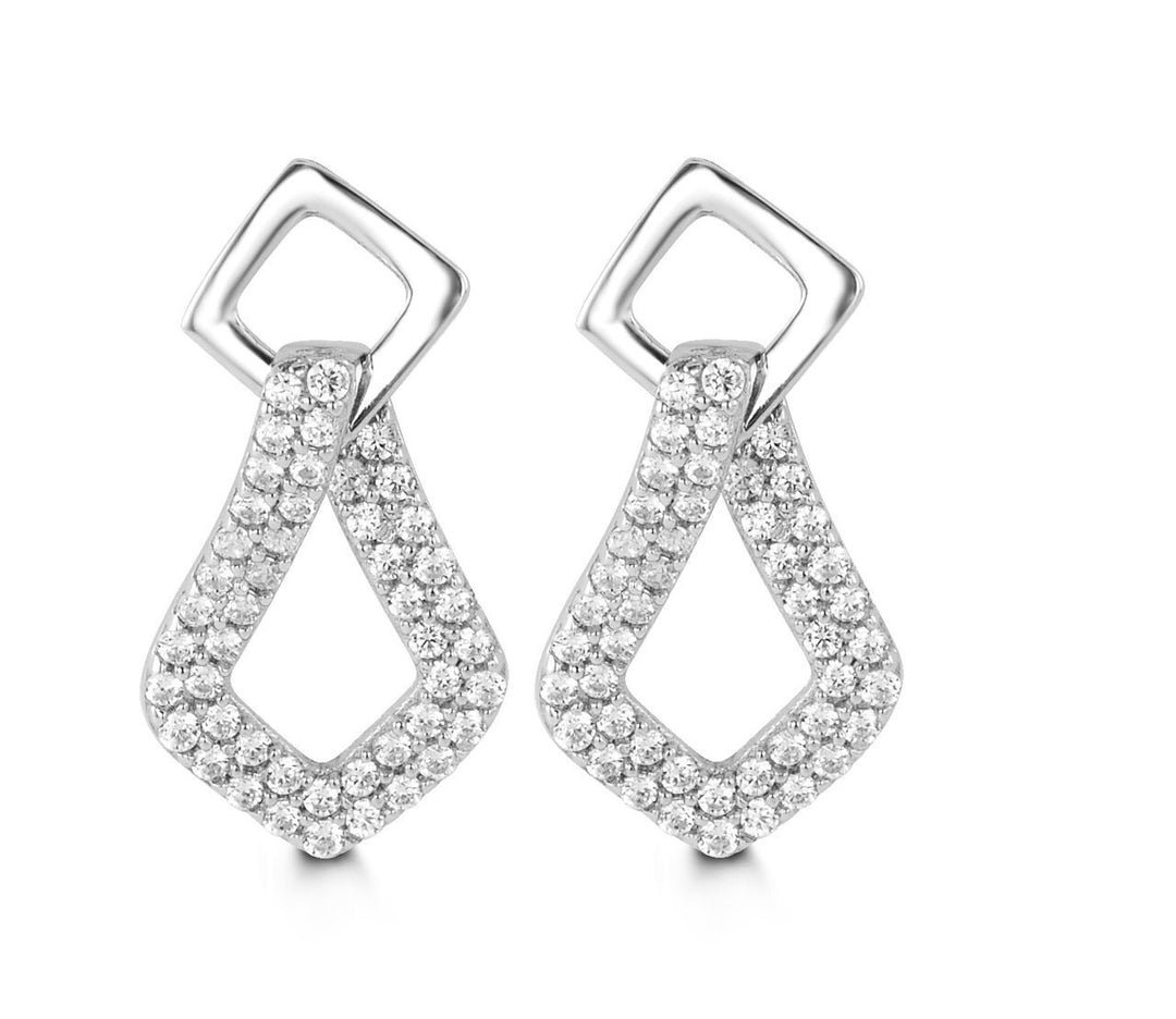 10k white gold geometric drop earrings with cubic zirconia stones in a modern diamond-shaped design.