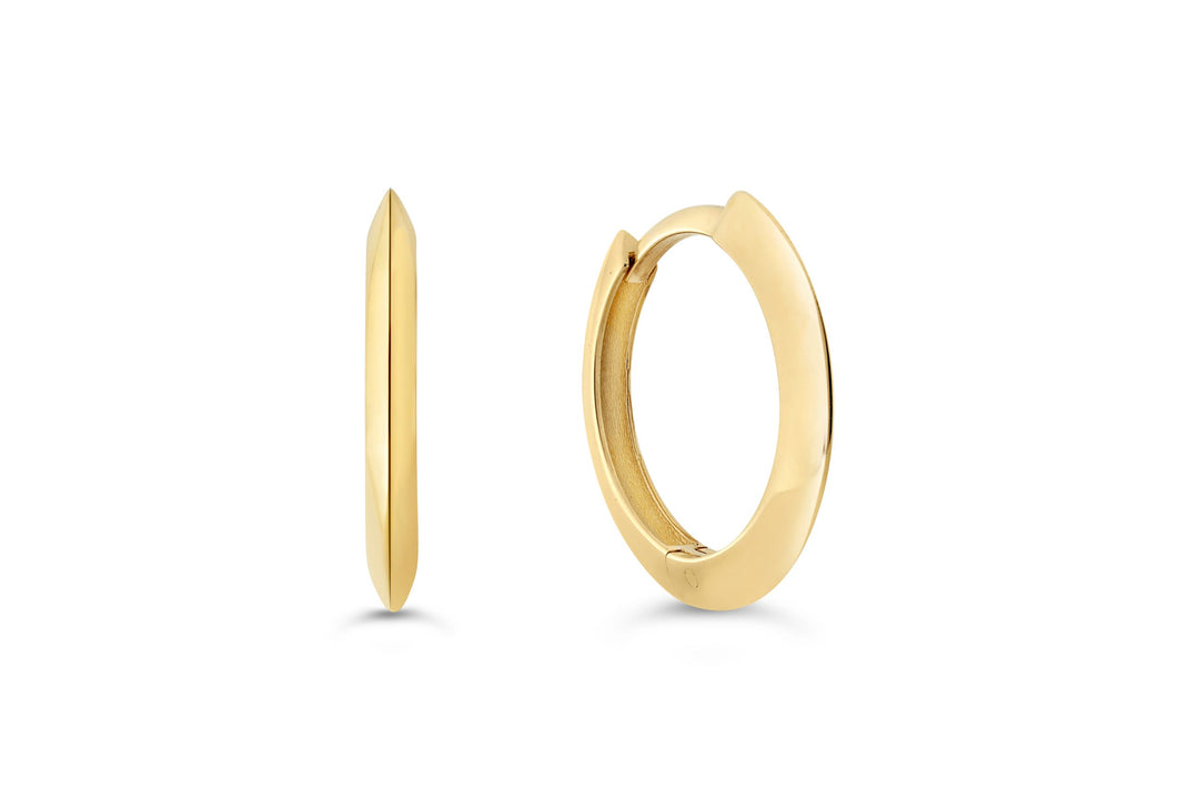 10k yellow gold tapered huggie hoop earrings with a polished finish and snap-back closure.