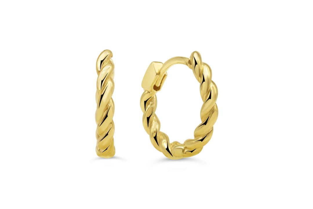 10k yellow gold twisted hoop earrings with polished finish and secure snap-back closure.