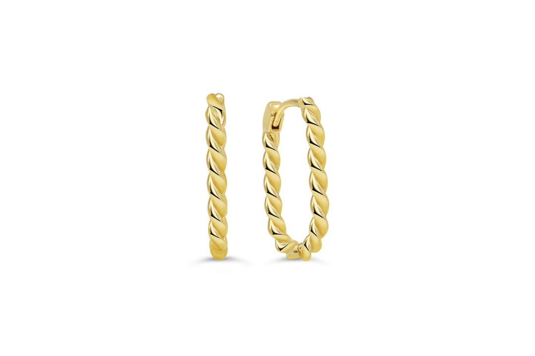 10k yellow gold twisted rope hoop earrings with polished finish and snap-back closure.