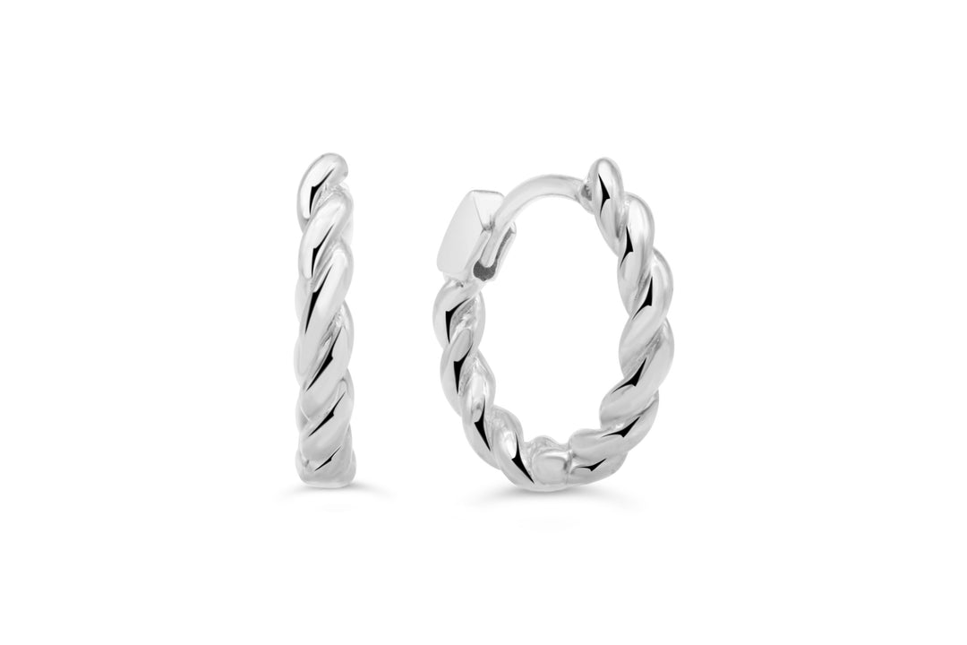 10k white gold twisted huggie hoop earrings with a polished finish and snap-back closure.