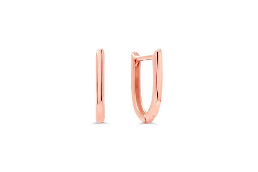 10k rose gold oval hoop earrings with a polished finish and secure snap-back closure.