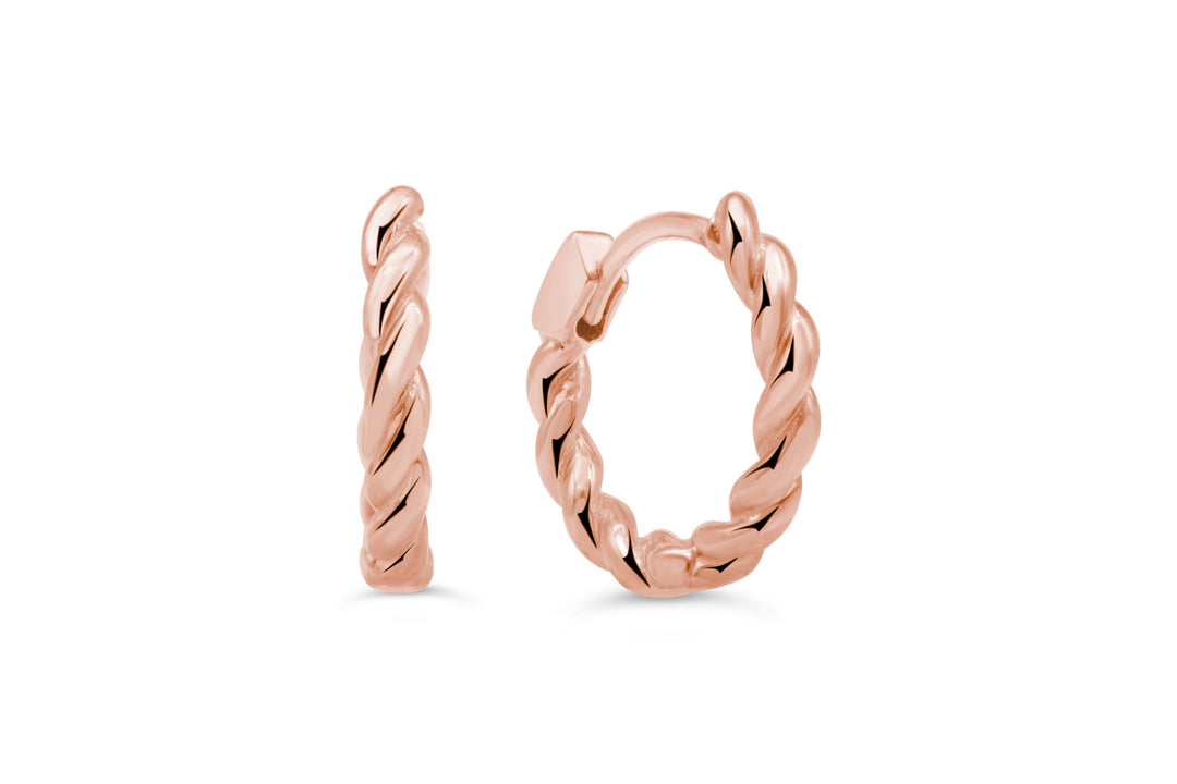 10k rose gold twisted huggie hoop earrings with polished finish and snap-back closure.