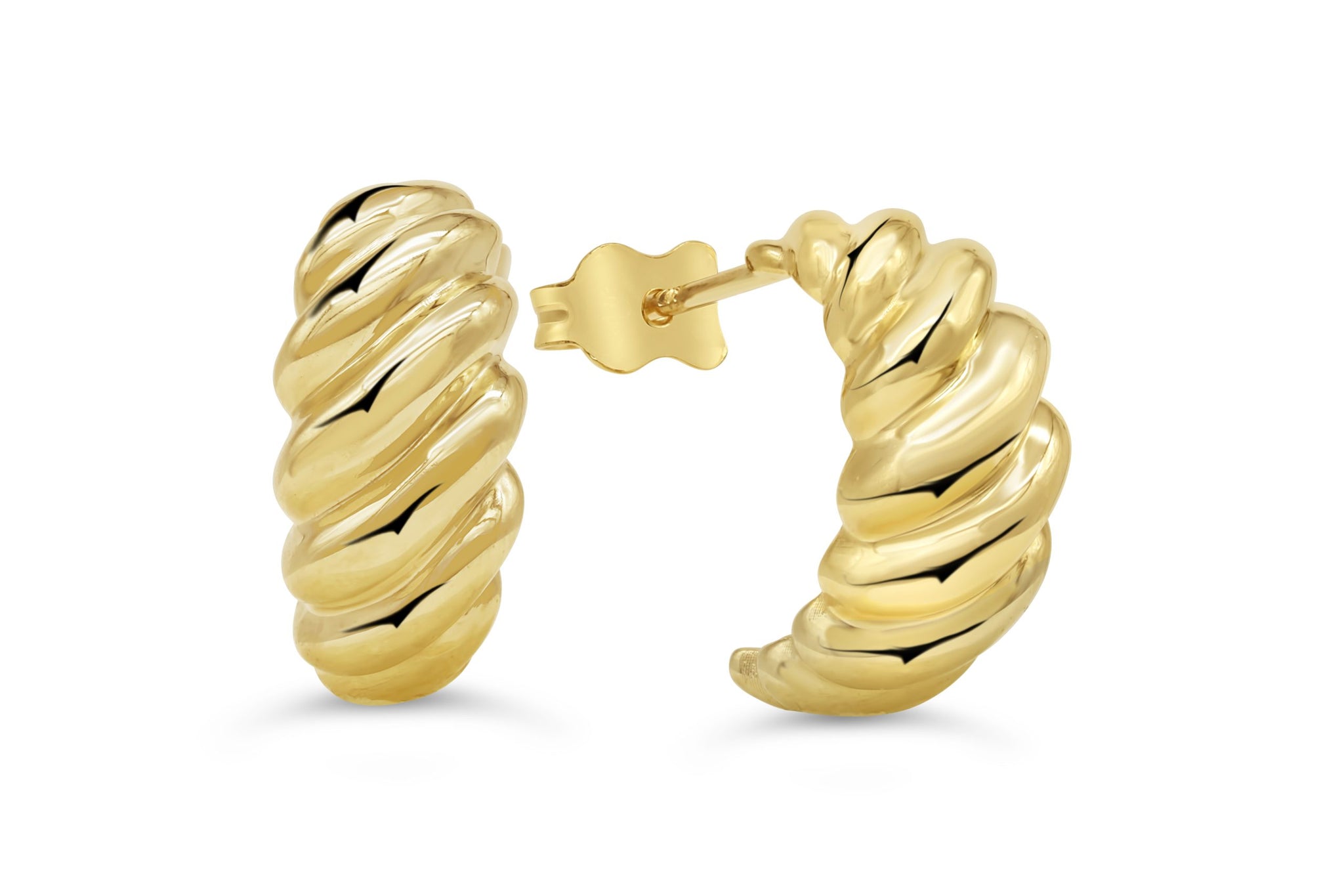 10k yellow gold bold twisted hoop earrings with a polished spiral design and stud-back closure.