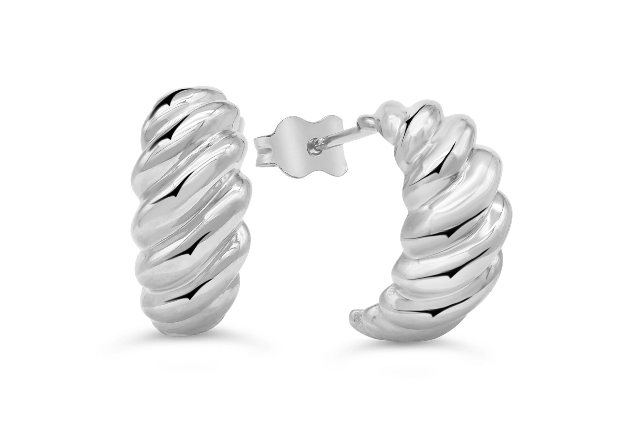 10k white gold bold twisted hoop earrings with a polished spiral design and stud-back closure.