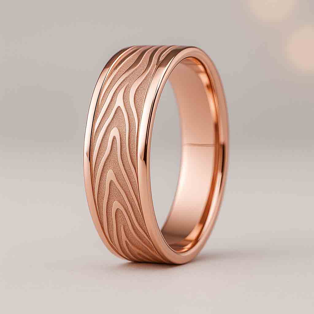 7mm flat gold wedding band with Mokume wood-grain textured matte center and polished edges

