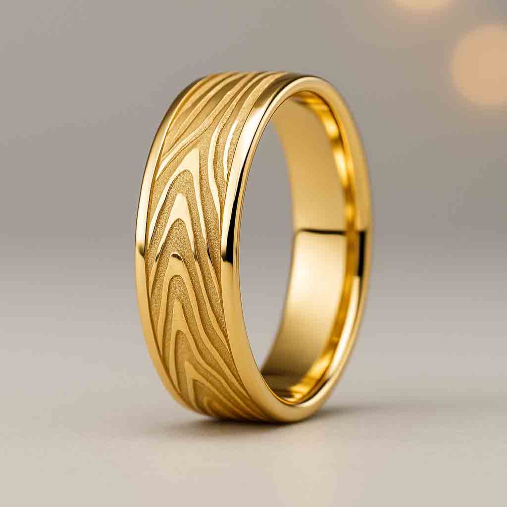 7mm flat gold wedding band with Mokume wood-grain textured matte center and polished edges
