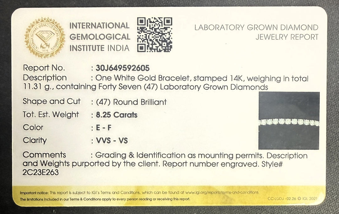 IGI laboratory-grown diamond jewelry report for the 8.25 carat tennis bracelet
