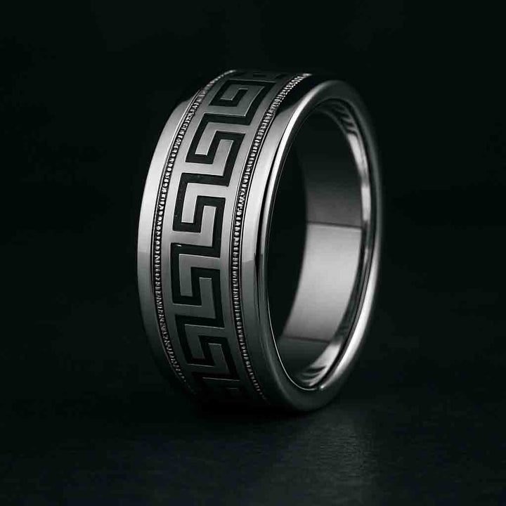 8mm flat gold ring with matte Greek key pattern and polished borders
