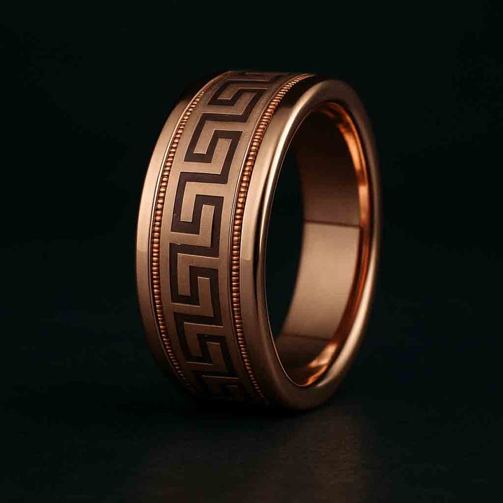 8mm flat gold ring with matte Greek key pattern and polished borders
