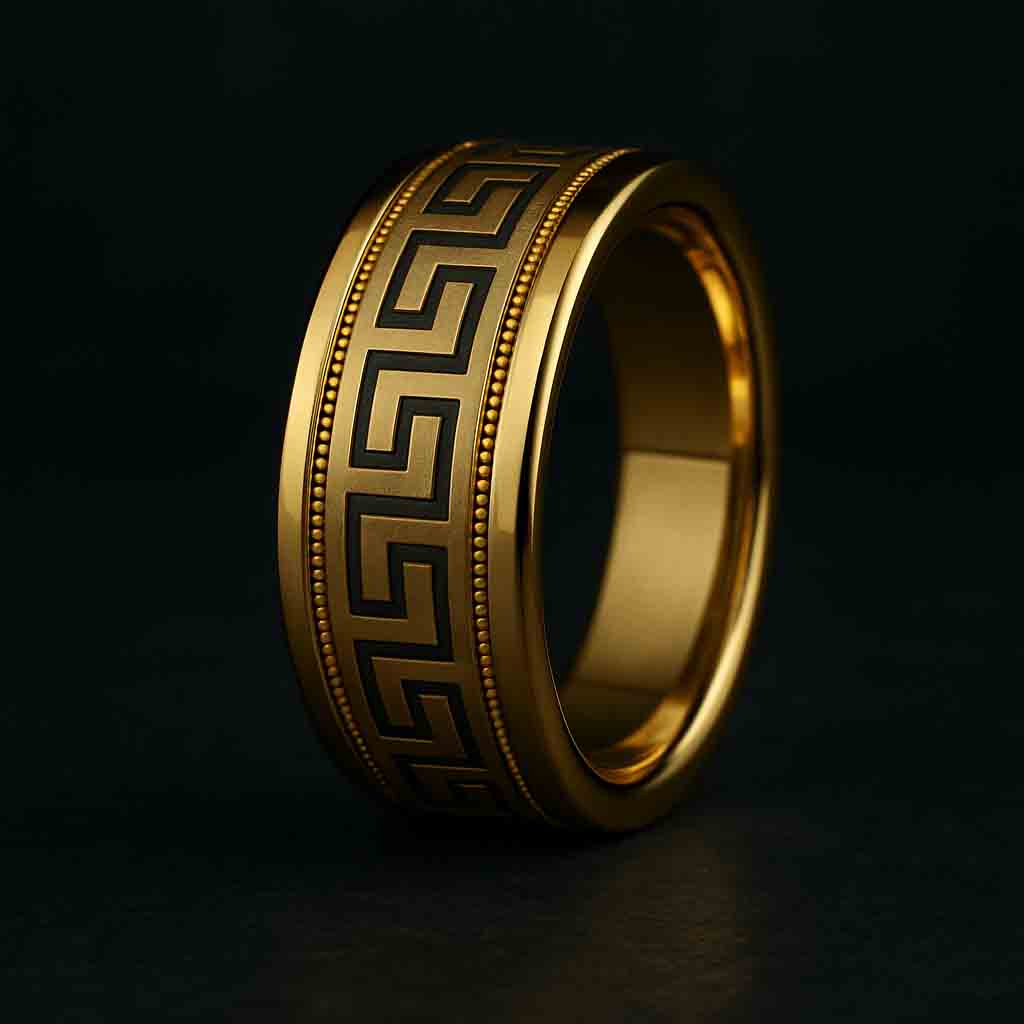 8mm flat gold ring with matte Greek key pattern and polished borders
