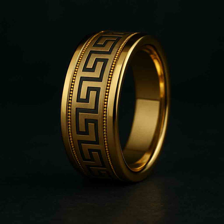 8mm flat gold ring with matte Greek key pattern and polished borders

