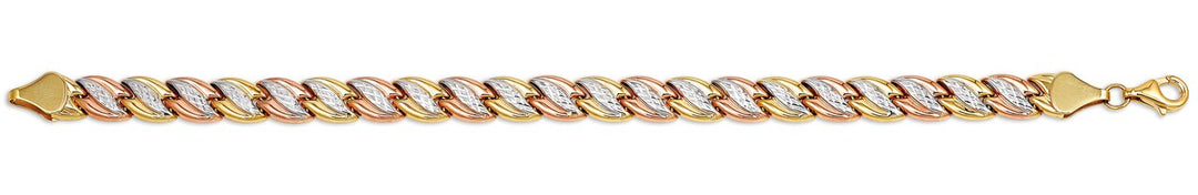 10k tri-color gold ladies bracelet with yellow, white, and rose gold, 5mm wide, 8 inches long.