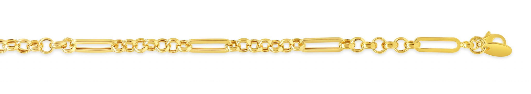 A 10K yellow gold bracelet featuring alternating oval and rectangular links with a polished finish and a lobster clasp closure.