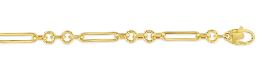 10k yellow gold bracelet with alternating rectangular and circular links, 7.5 inches long.