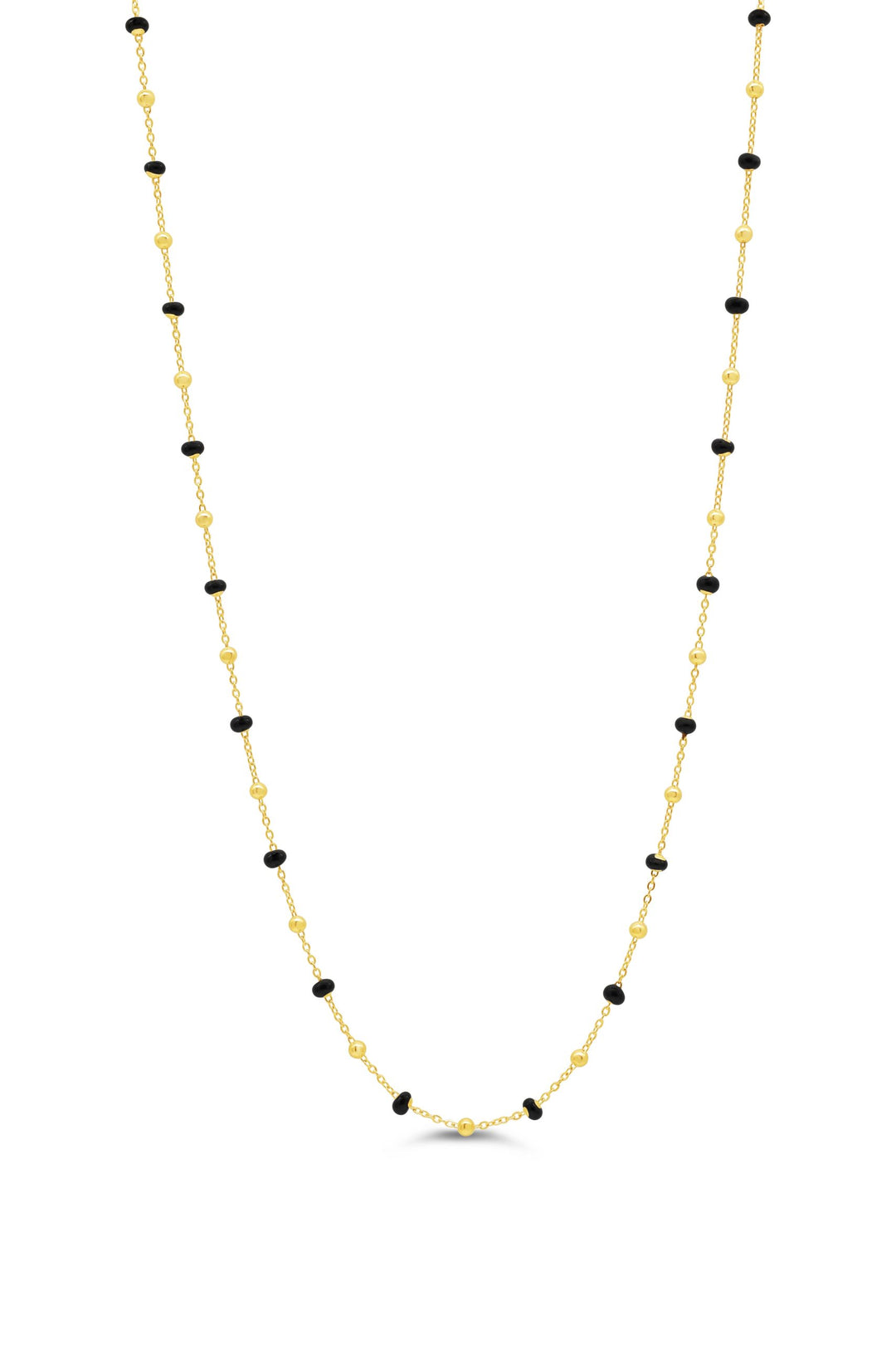 10K yellow gold necklace featuring alternating polished gold beads and black bead accents on a delicate chain.