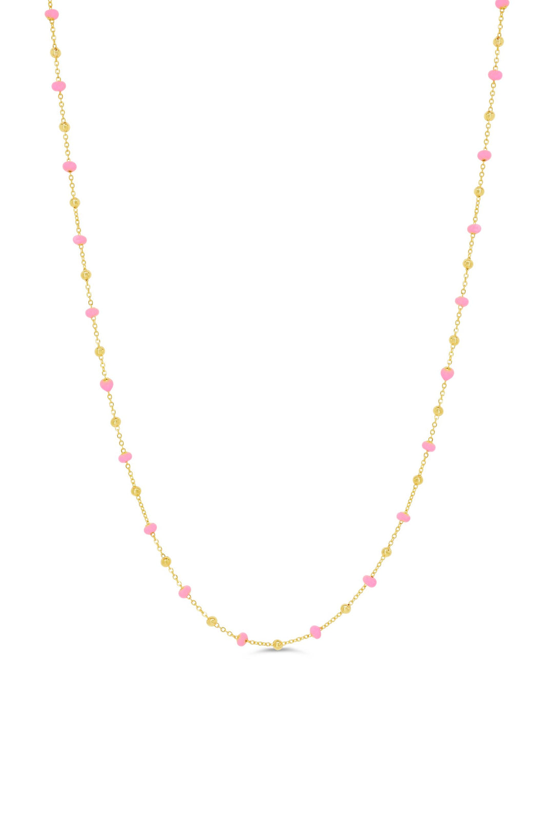 10K yellow gold necklace featuring polished gold beads and pink bead accents on a delicate chain.
