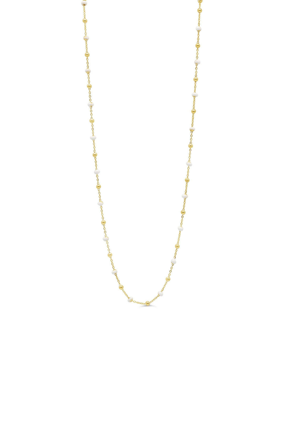 10K yellow gold necklace featuring alternating polished gold beads and white bead accents on a delicate chain.