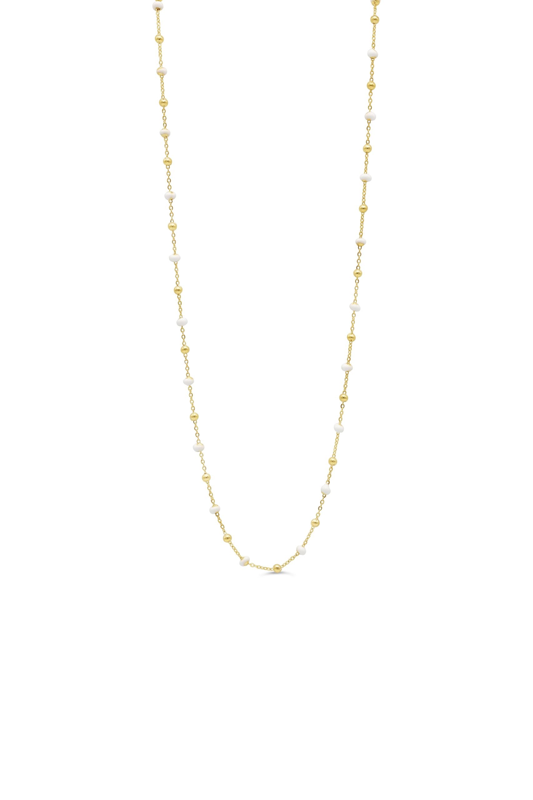 10K yellow gold necklace featuring alternating polished gold beads and white bead accents on a delicate chain.